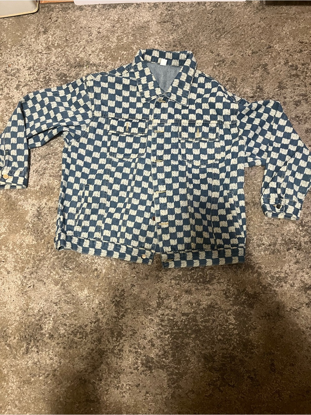 Blue and White Checkered Button-Down Denim Jacket